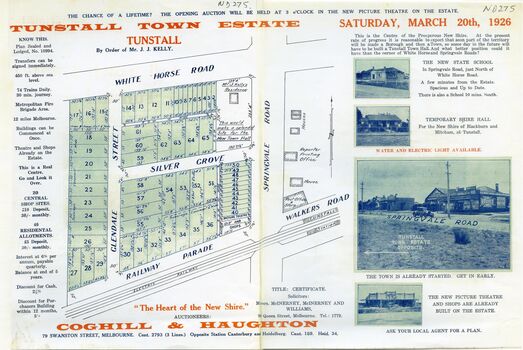 Land subdivision at Tunstall 1926 bounded by Springvale Road, Whitehorse Road, Railway  Parade. 