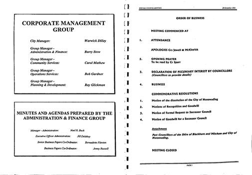 Notice and Agenda of meeting for a special commemorative meeting of Nunawading City Council. Page spread