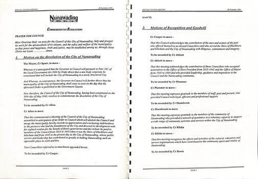 Notice and Agenda of meeting for a special commemorative meeting of Nunawading City Council. 