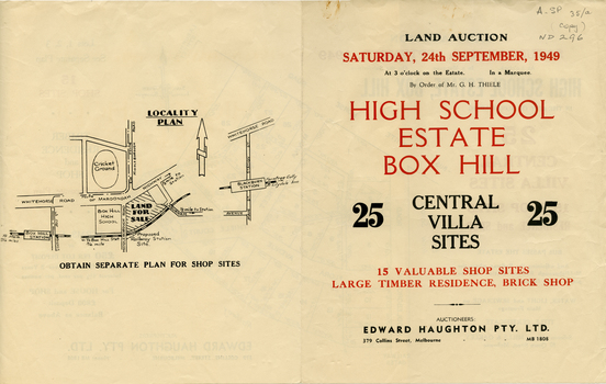 Advertisement for High School Estate, Box Hill auction on 24/9/1949 