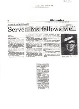 Obituary of Vivian Glyndwr (Glyn) Francis.  