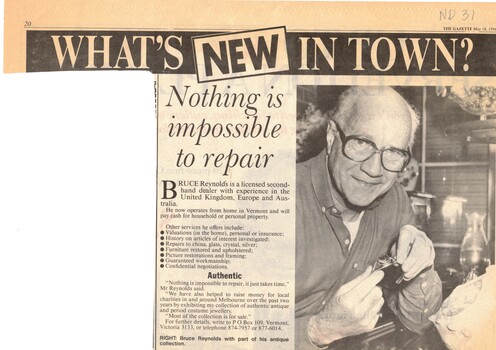 Article about Bruce Reynolds, a licensed secondhand dealer with an interest in the repair of old furniture and jewellery. 