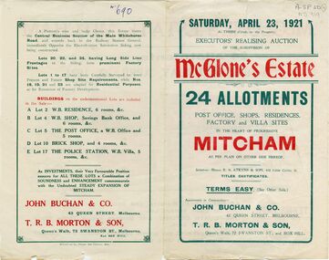 Brochure on McGlone's Estate, Mitcham.  auction of 24 allotments, April 1921.