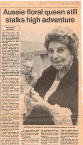 Newspaper cutting to celebrate the 94th birthday of Mrs. Beatrice Pooley who established a floral art correspondence school in the 1950s.  