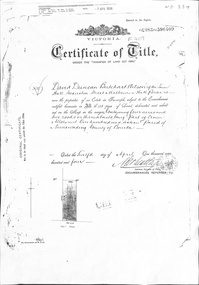 Certificate of Title dated 12/4/1904 covering land in Shady Grove, Nunawading purchased by David Duncan Butchart Wilson. 