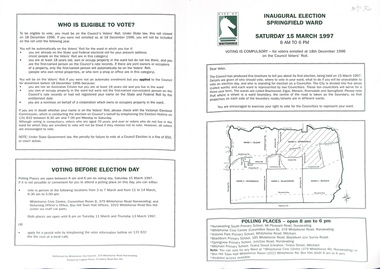 Notice to electors of Springfield Ward.  Includes map of city with wards defined.  List of polling places.  Eligibility of voters and conditions for voting, including index of streets, primary vote report, how to vote card..