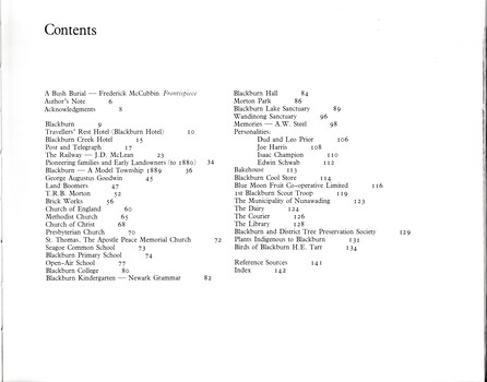 The table of contents of 'Blackburn, A Picturesque History'.