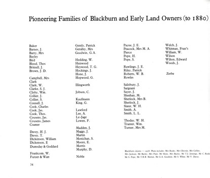 A list of pioneering families of Blackburn and early landowners (to 1880), pg 34 of the book, 'Blackburn, A Picturesque History'.