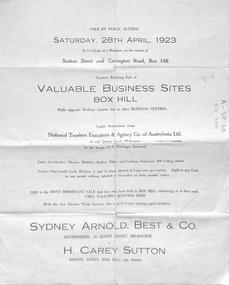 Advertising brochure for 8  Business sites in Box Hill.