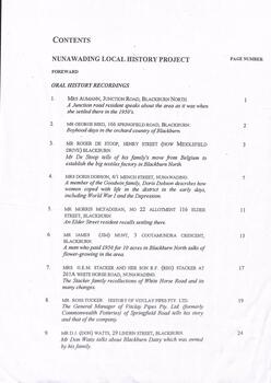 Nunawading local history stories, table of contents