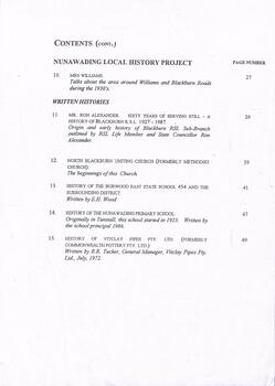 Nunawading local history stories, table of contents contd