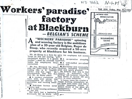 Belgian, Roger de Stoop, plans a spinning and weaving factory at Blackburn.