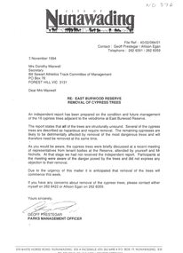 Letter - Correspondence, East Burwood Reserve: Removal of Cypress trees, 7/11/1994 12:00:00 AM