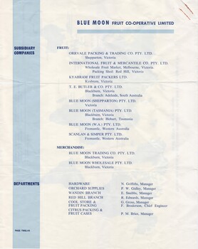 Subsidiary companies and Department of the Blue Moon Fruit Co-operative Ltd.