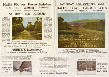 Brochure advertising auction of 'Hall's Flower Farm Estate', Vermont 13 October 1923.   80 sites in three sections, 