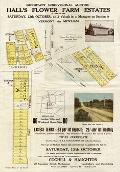Brochure advertising auction of 'Hall's Flower Farm Estate', Vermont 13 October 1923.   80 sites in three sections