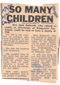 Article on retirement of Mrs Joan Endacott, the first directoress of Rangeview Preschool.  