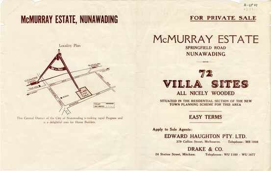 Brochure advertising sale of 'McMurray Estate', Nunawading.  