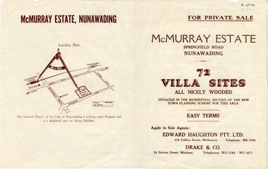 Brochure advertising sale of 'McMurray Estate', Nunawading.  