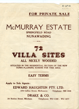 Brochure advertising sale of 'McMurray Estate', Nunawading.  