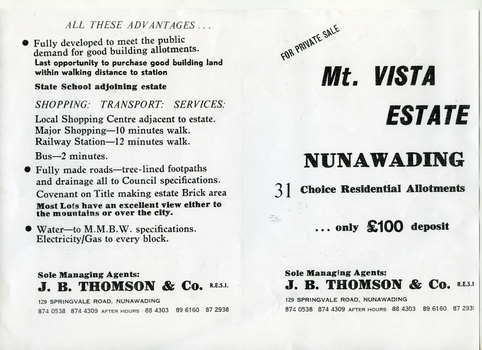 Brochure (2p) advertising sale of home sites in 'Mt Vista Estate'.  