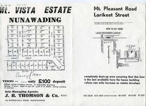 Brochure (2p) advertising sale of home sites in 'Mt Vista Estate'.  