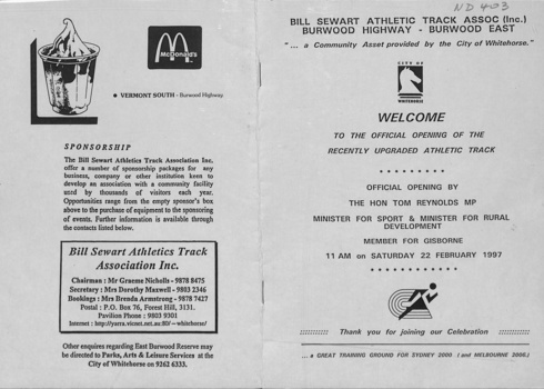 Front and back page of booklet on the Official opening of the Bill Sewart Athletic Track at East Burwood Reserve 