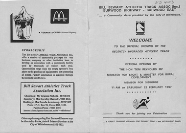 Front and back page of booklet on the Official opening of the Bill Sewart Athletic Track at East Burwood Reserve 