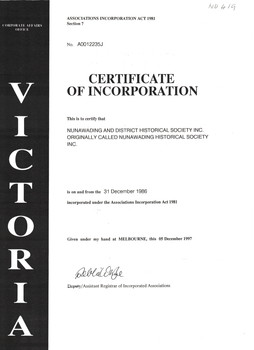 Nunawading and District Historical Society Inc, Certificate of Incorporation 