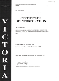 Nunawading and District Historical Society Inc, Certificate of Incorporation 
