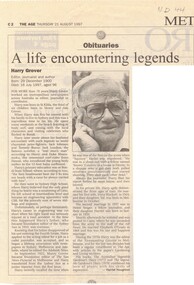 Obituary of Harry Grover, editor journalist and author.  Died 16th July, 1997 aged 96 years.   