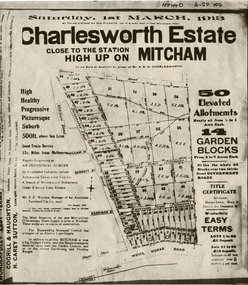 Charlesworth Estate, Mitcham. 50 elevated allotments, 1/2 to 1 acre each and 14 garden blocks from 2 to 7 acres each. 1 March 1913.