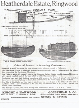 Brochure advertising 52 lots, Heatherdale Estate, Ringwood (now Mitcham) to be auctioned September 1919.