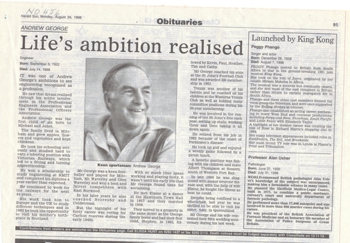 Obituary of Andrew George, a keen sportsman and Mitcham resident who died 14 July 1998