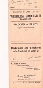 Specimen copy of 'Particulars and Conditions and Contract of Sale' for Whitehorse Road Estate, Blackburn.