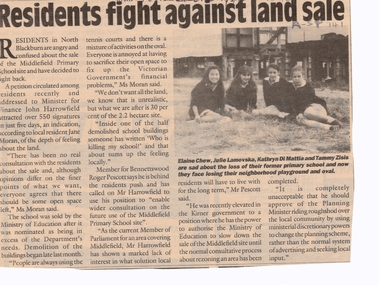 Article, Residents fight against land sale, 18/03/1992 12:00:00 AM