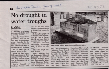 Two articles on Bills Water Troughs built across Victoria and elsewhere following the legacy of George Bills. 