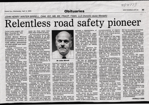 Obituary of Blackburn resident Dr John Birrell, former police surgeon responsible for the adoption of seat belt and drink driving legislation.
