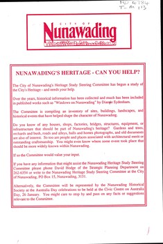  Pamphlet produced by City of Nunawading asking people to help with any aspects of historical significance.