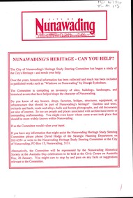 Pamphlet produced by City of Nunawading asking people to help with any aspects of historical significance.