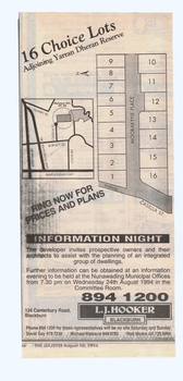 'Information Night' about development and advertisement for the sale of 16 lots adjoining Yarran Dheran Reserve