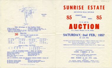 Auction brochure for 'Sunrise Estate' Brunswick Road, Mitcham, 85 sites, 2 February 1957. 