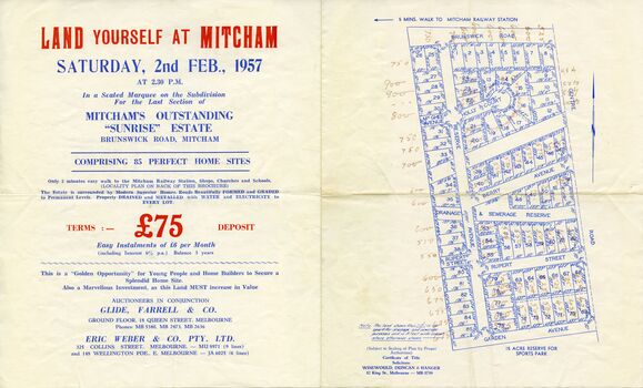 Auction brochure for 'Sunrise Estate' Brunswick Road, Mitcham, 85 sites, 2 February 1957. 