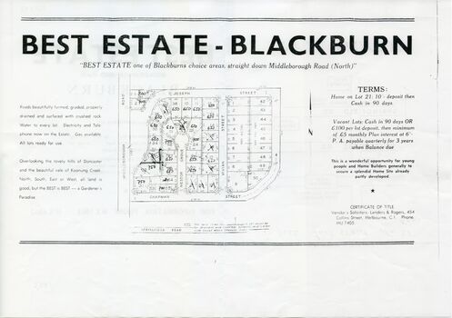 sale of land at Best Estate, Blackburn North. Part of the original land holdings of R. de Stoop and R. Best of British Fur Co.