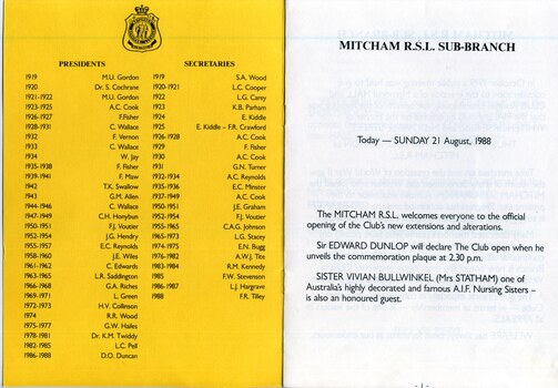 8 page yellow covered programme commemorating the Mitcham R.S.L. Sub-branch