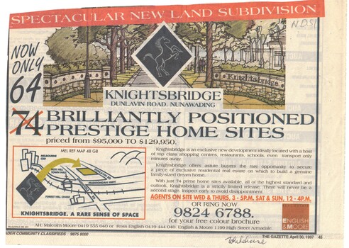 Advertisment for Knightsbridge, Dunlavin Road Nunawading.  
