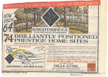 Advertisment for Knightsbridge, Dunlavin Road Nunawading.  