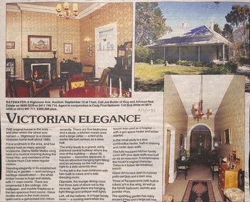 Information on Auction, 12 /9/ 98.  Classic Victorian home with heritage classification 'Highmoor', built in 1880 is landmark in area.  