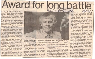 An article from Whitehorse Gazette dated 18/6/1999 on a Blackburn resident, Rosemary Webster.