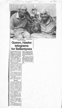 The Queen and Prime Minister Hawk sent telegram to  the Ballantynes on their diamond wedding anniversary.